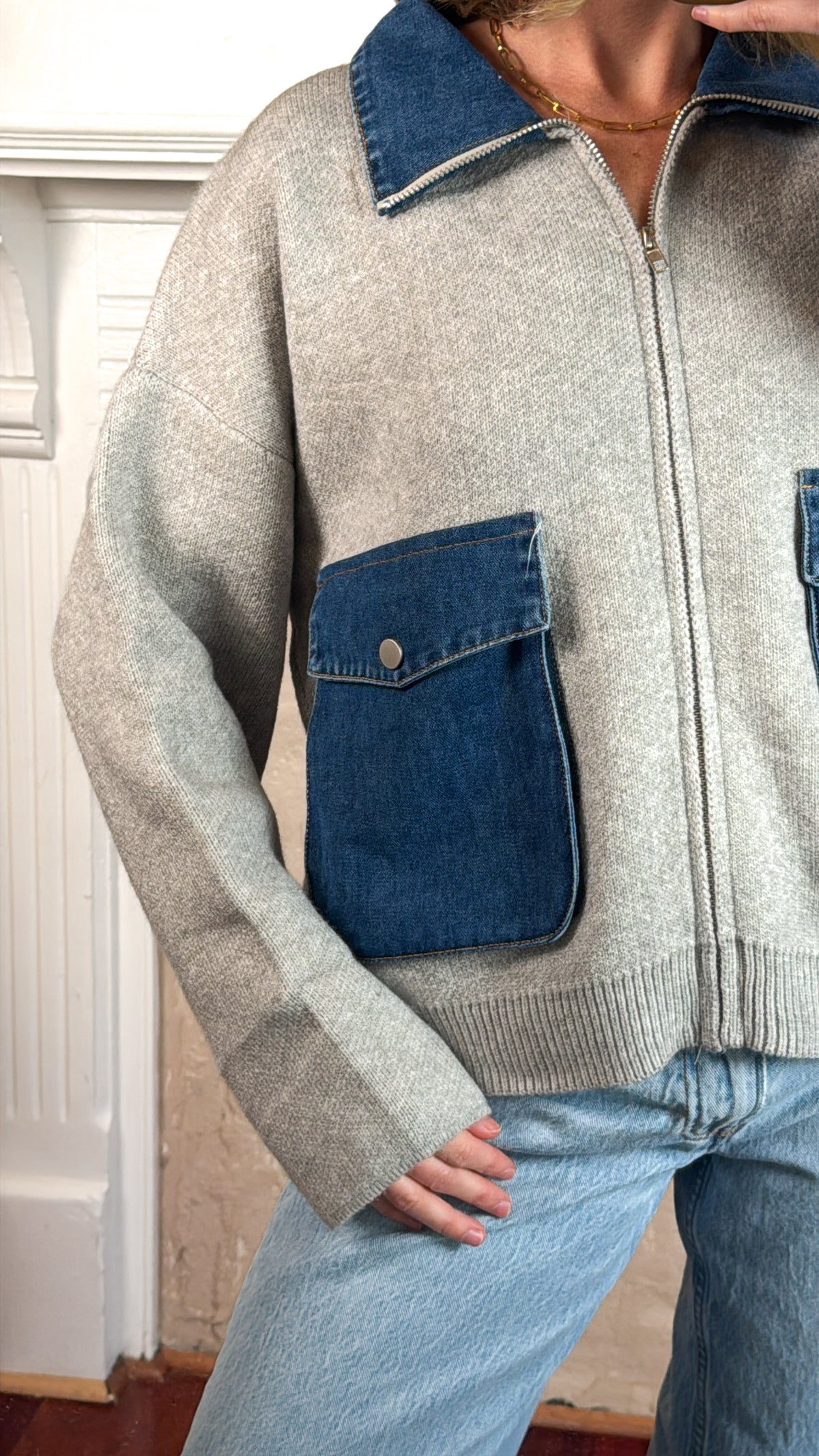 Zip Up Knit Denim Sweater