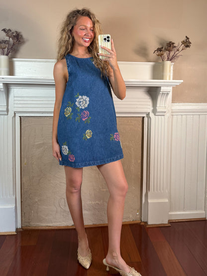 Floral Embroidered Denim Sleeveless Dress
