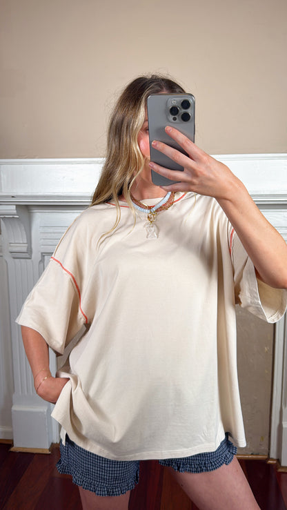 Contrast Stitch Mineral Washed Tee - Cream