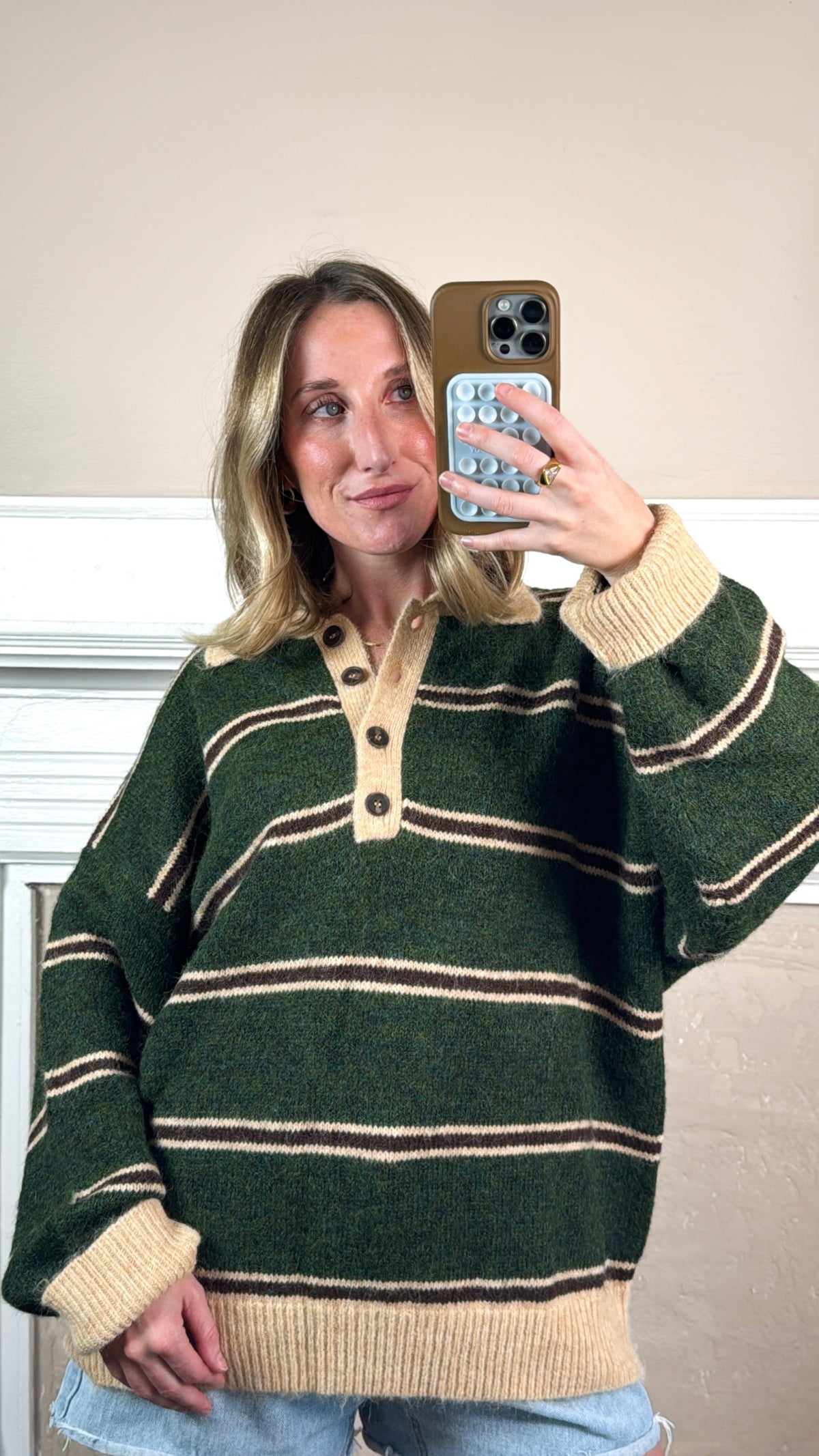 Stripe Polo Fuzzy Knit Sweater