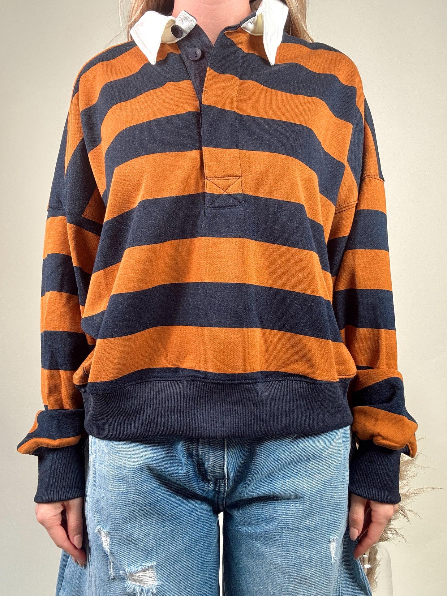 Amerie Striped Collared Pullover - Camel/Navy