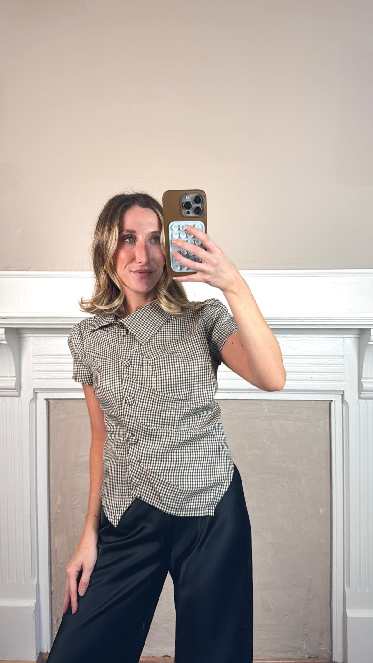 Asymmetric Collar Plaid Top