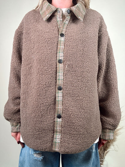 Plaid Contrast Sherpa Button Down Shacket