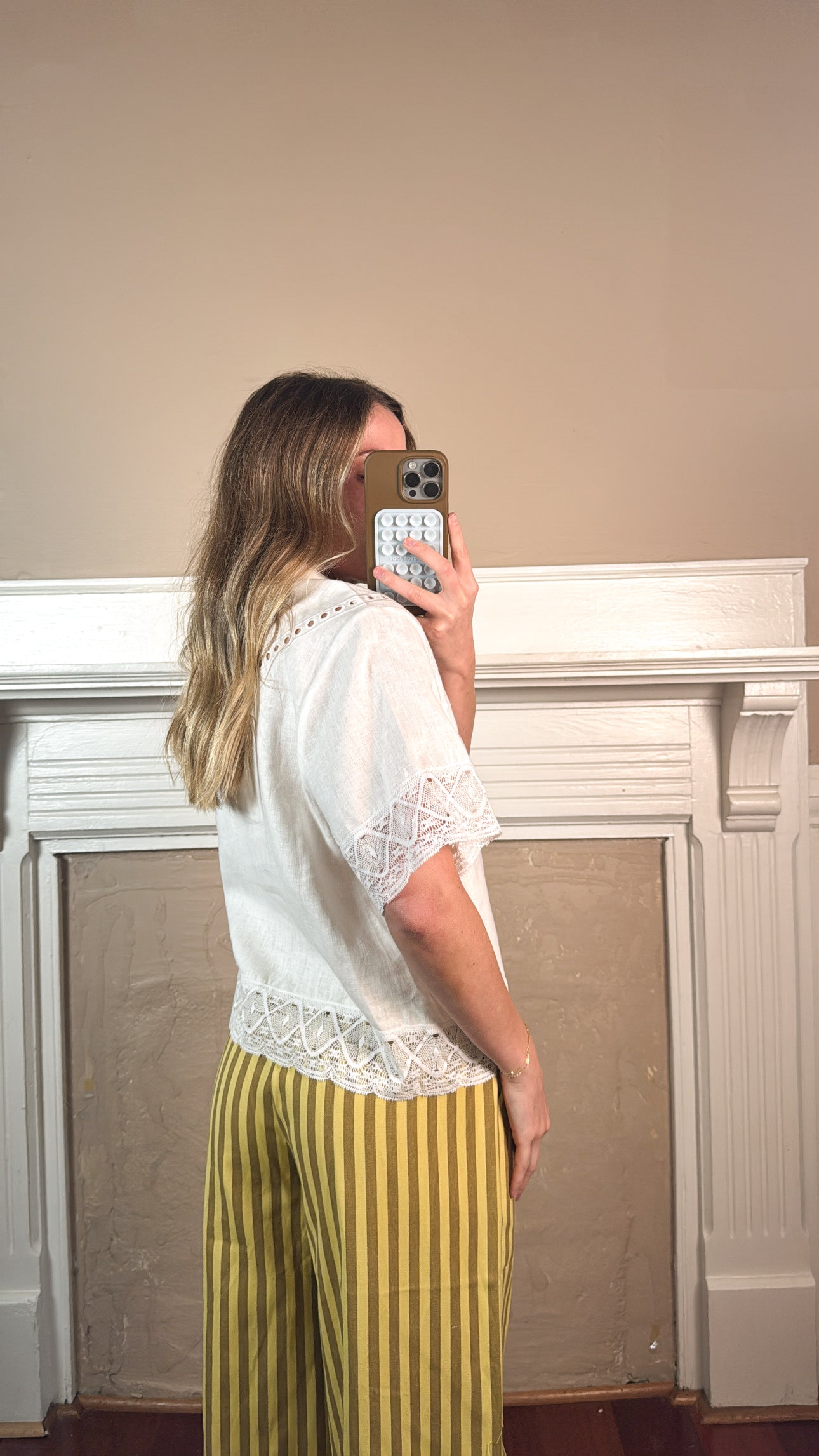 Embroidered Lace Trim Button Blouse