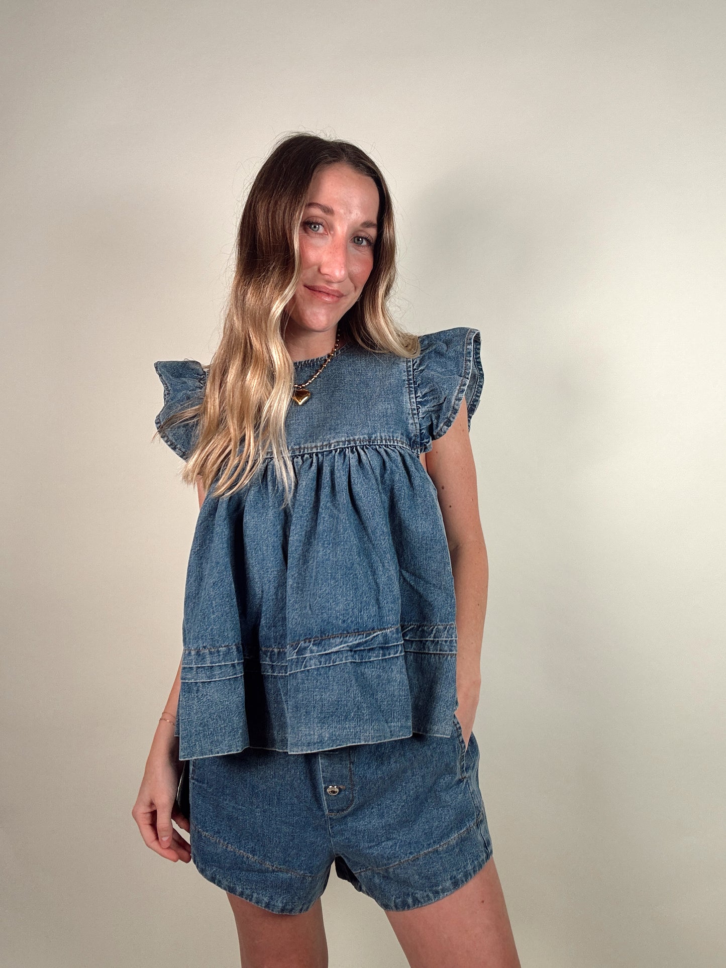 Leah Denim Top and Shorts Set