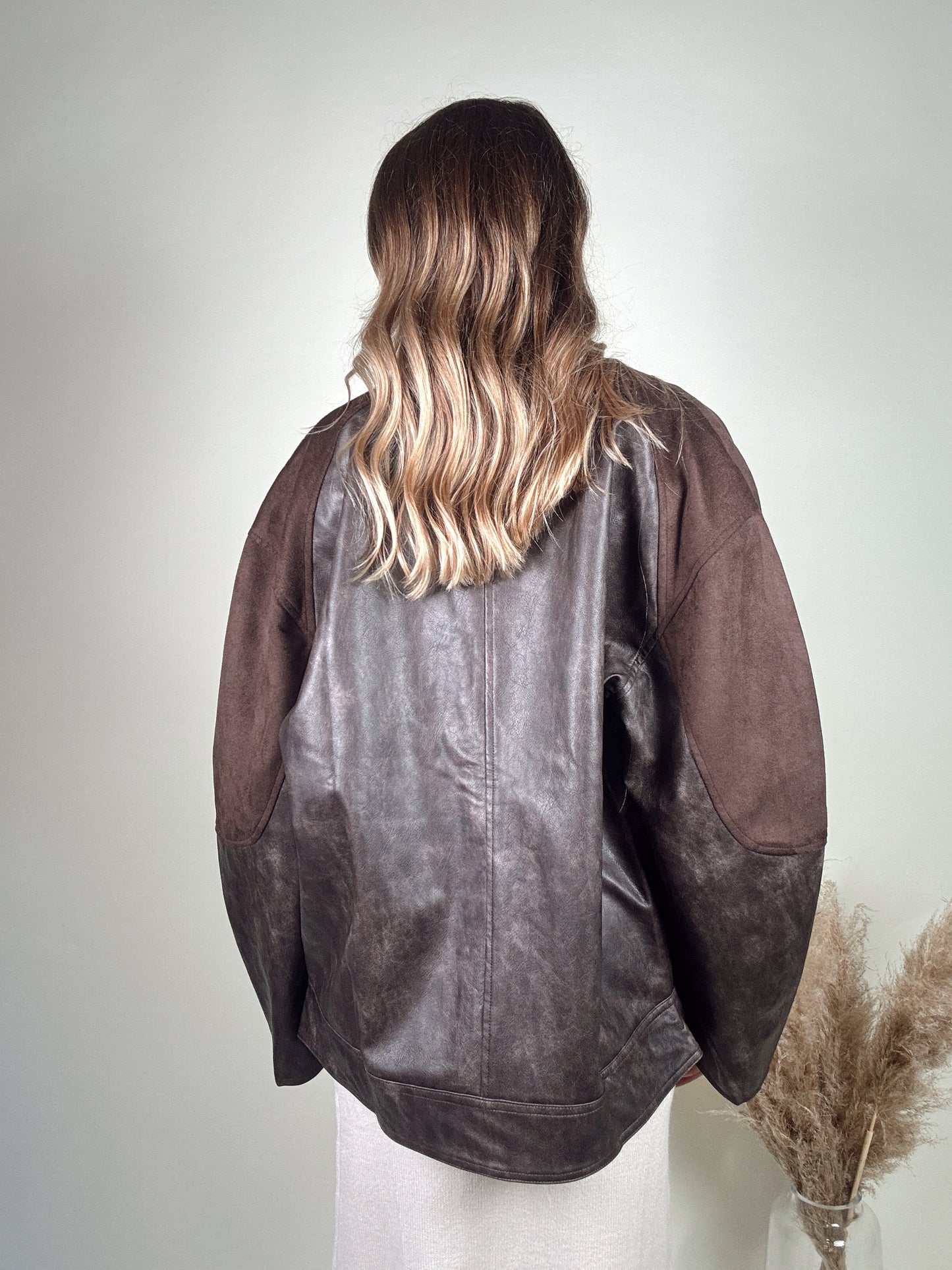 Faux Leather And Suede Barrel-Sleeve Jacket