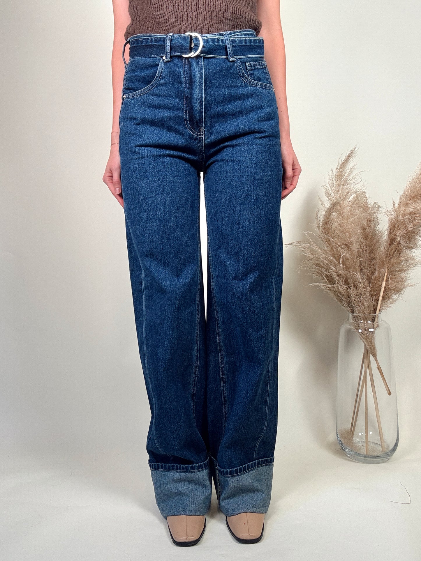Belted Cuffed Wide Leg Jeans