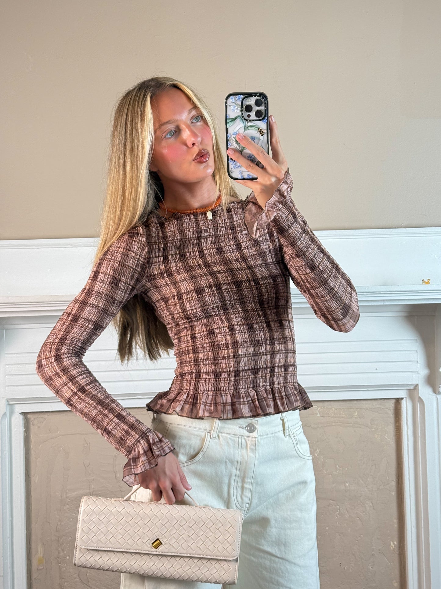 Plaid Knit Shirred Pullover