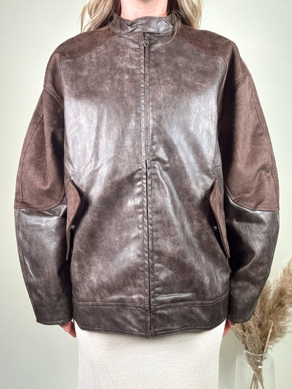 Faux Leather And Suede Barrel-Sleeve Jacket