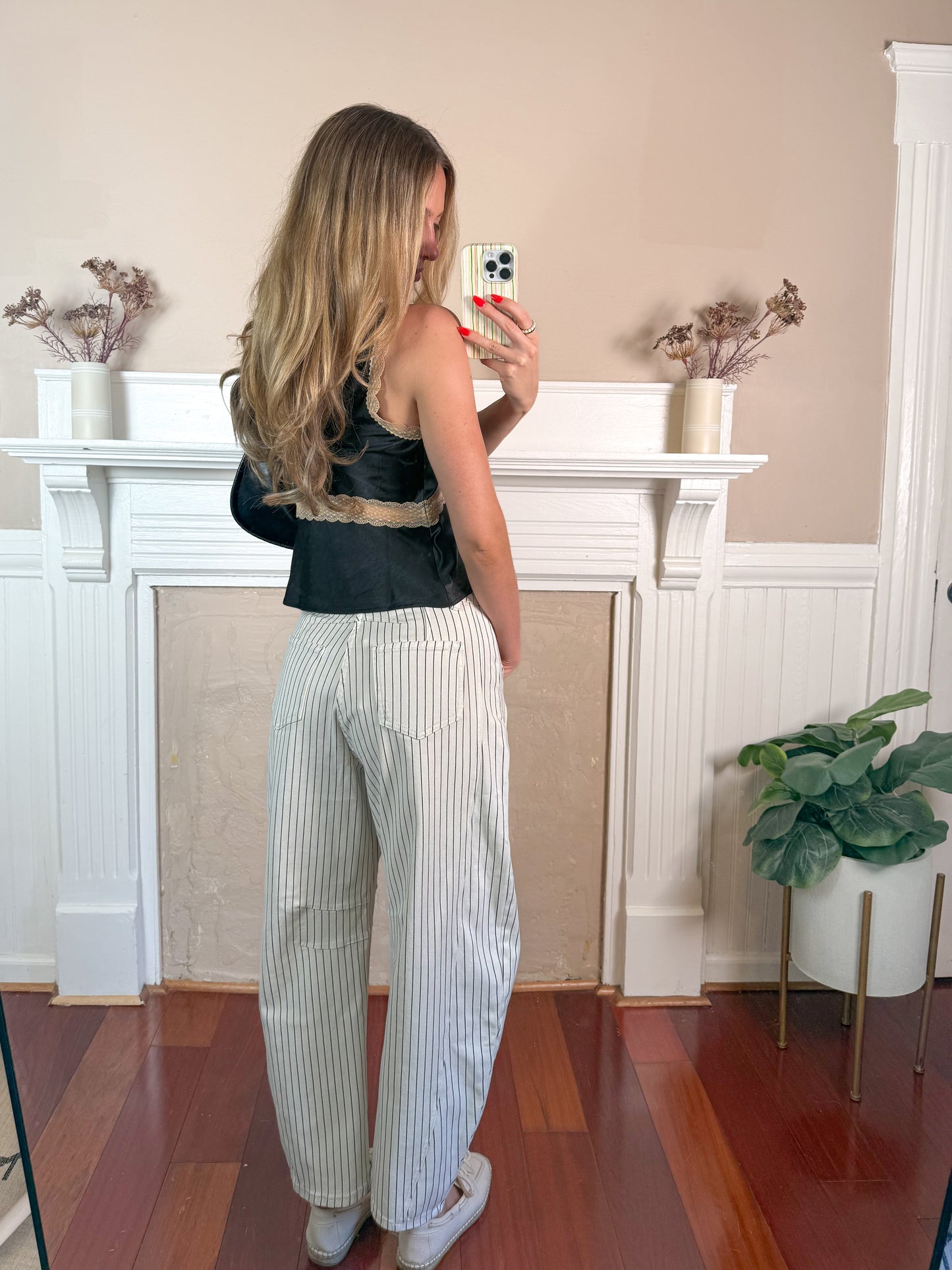 Pinstriped Barrel Jeans