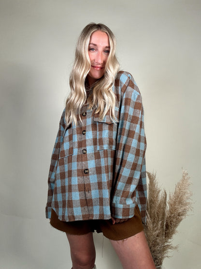 Mixed Color Plaid Shacket - Blue