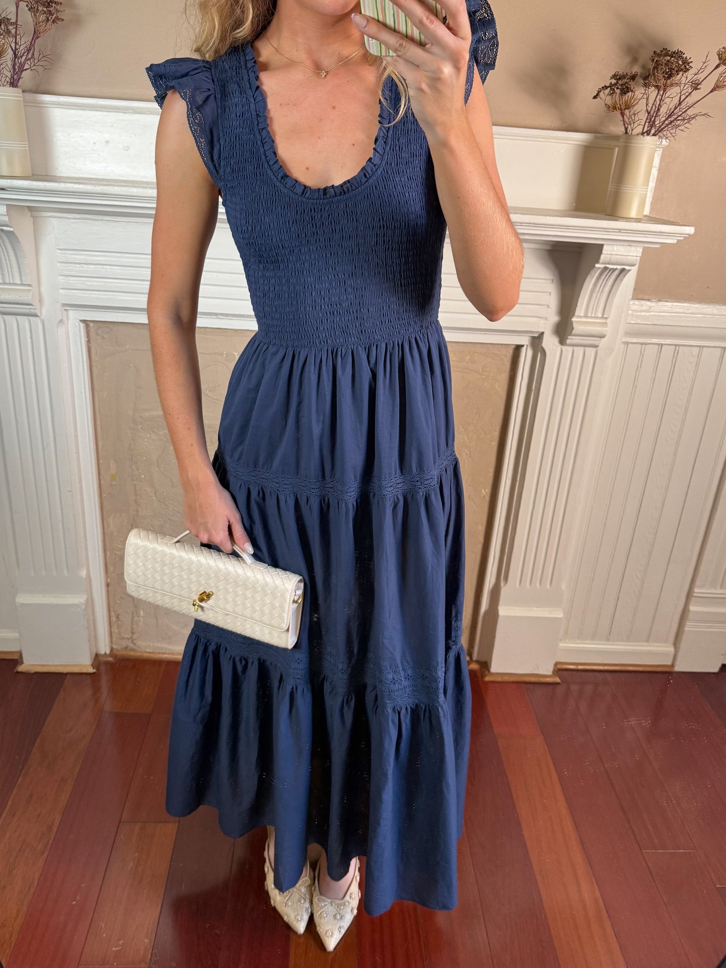 Navy Smocked Tiered Dress