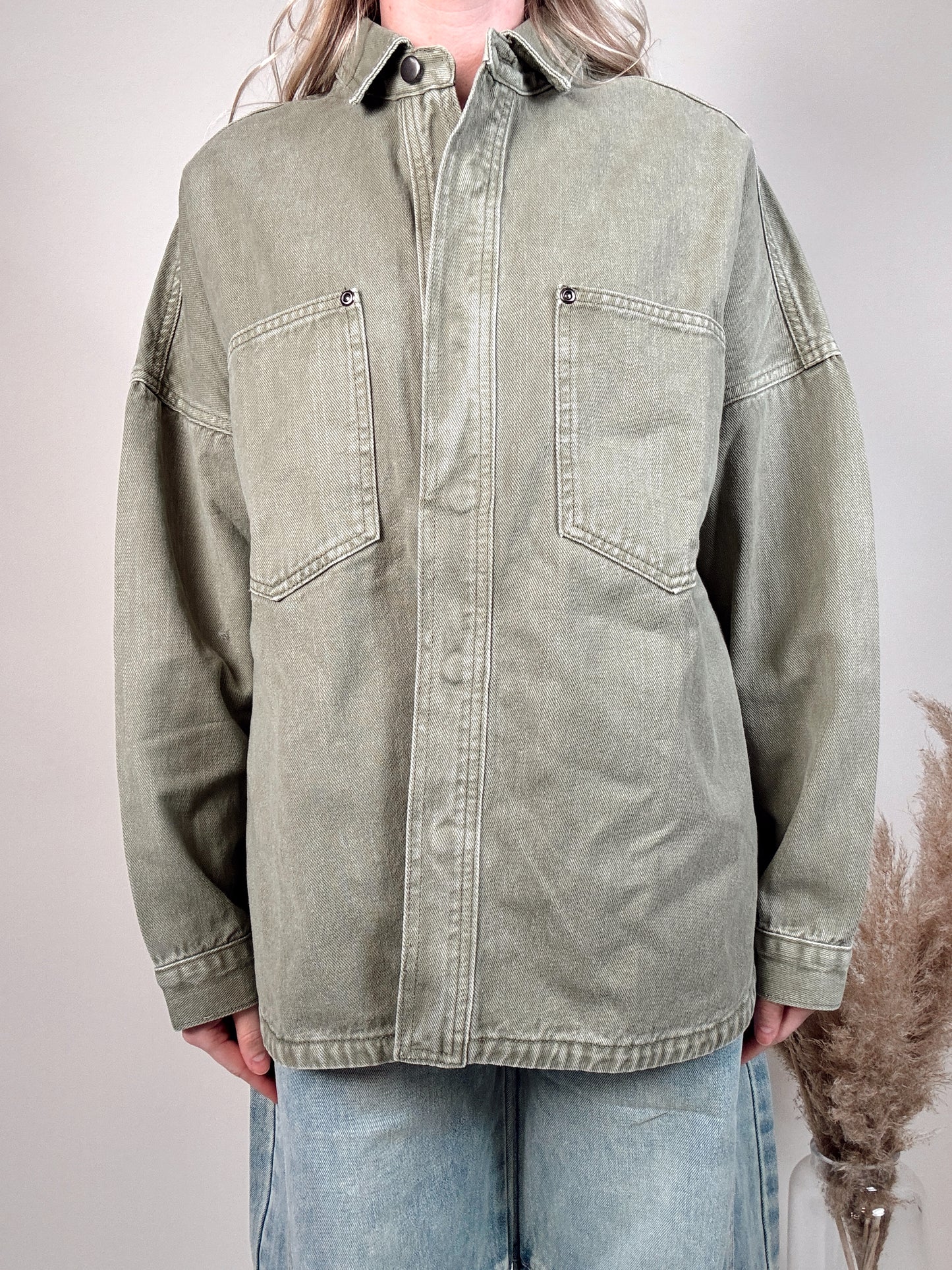 Snap Button Denim Shacket - Green