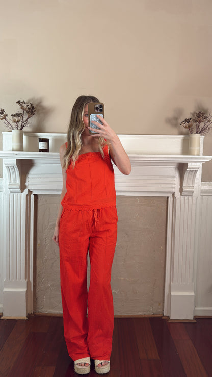 Broderie Drawstring Pants - Red