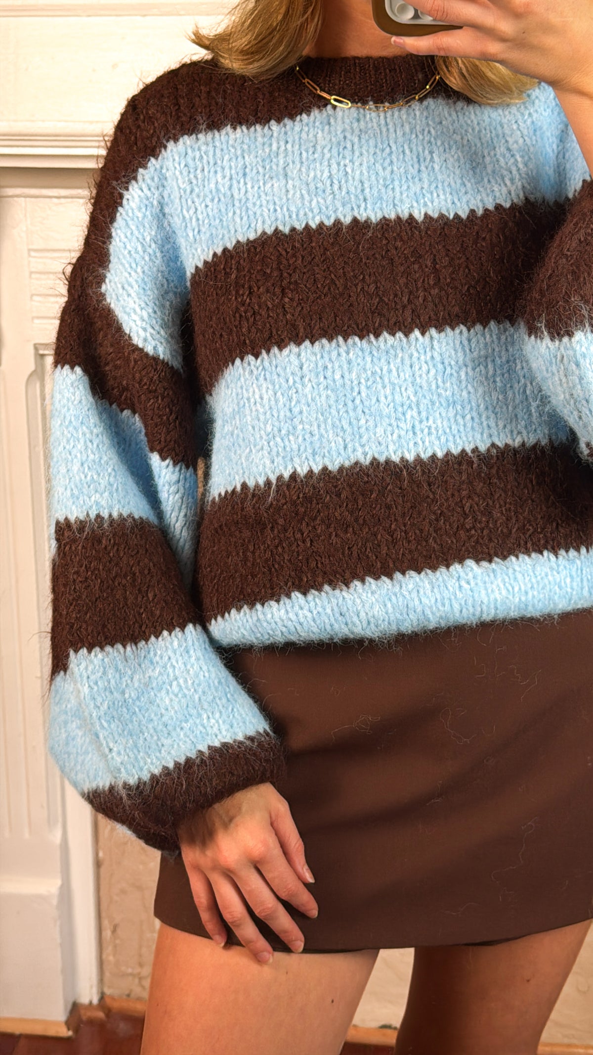 Puff Sleeve Striped Fuzzy Sweater Top - Blue