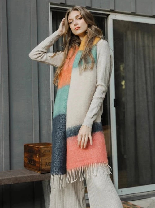 Color Block Cozy Scarf With Tassels
