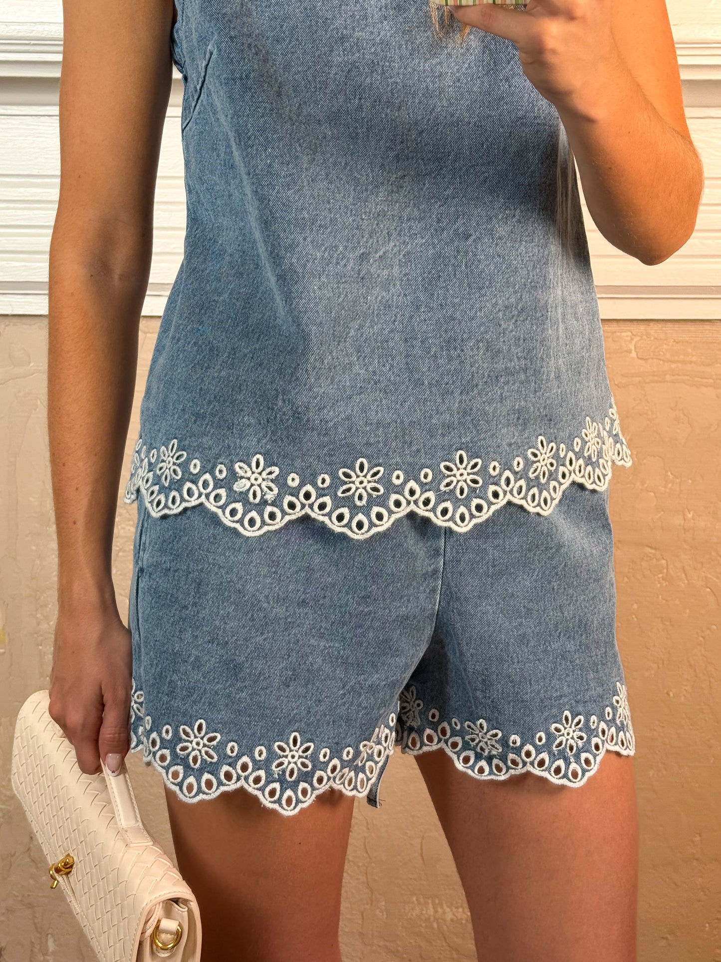 Embroidered Denim Top and Shorts Set