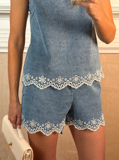 Embroidered Denim Top and Shorts Set