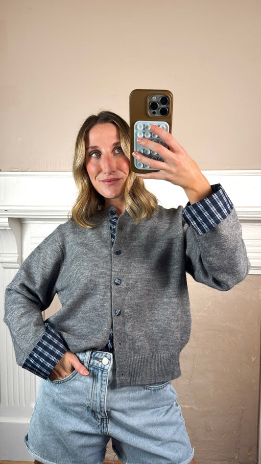 Plaid Trim Layered Button Cardigan Sweater