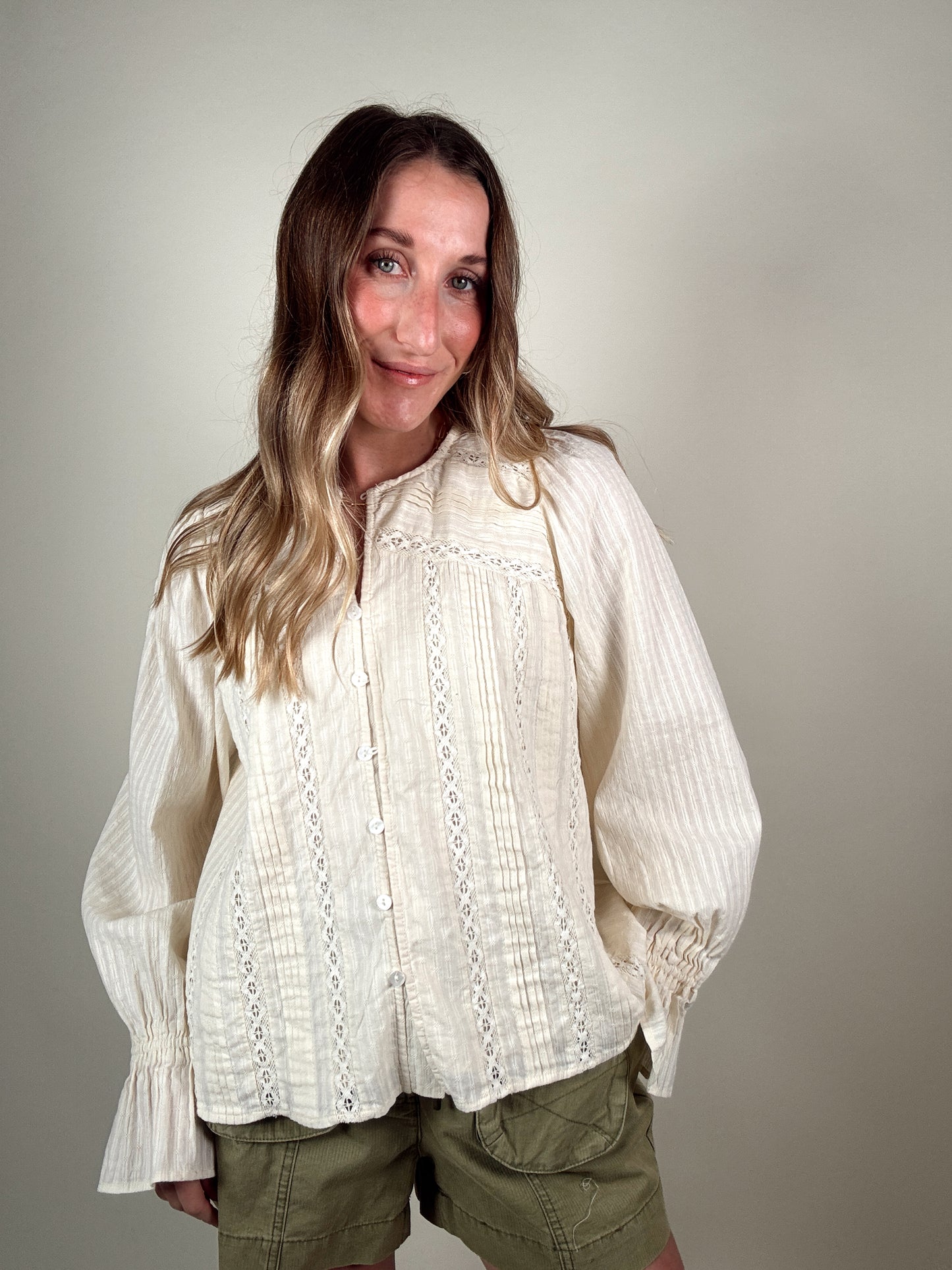 Lace Pintuck Detail Button Blouse