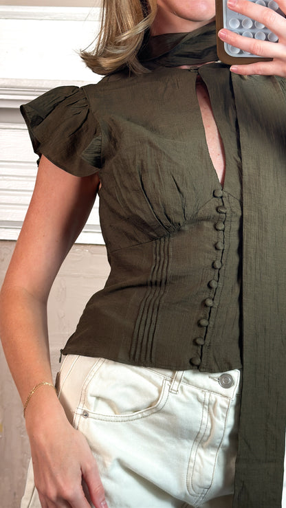 Short Sleeve Button Front Scarf Blouse
