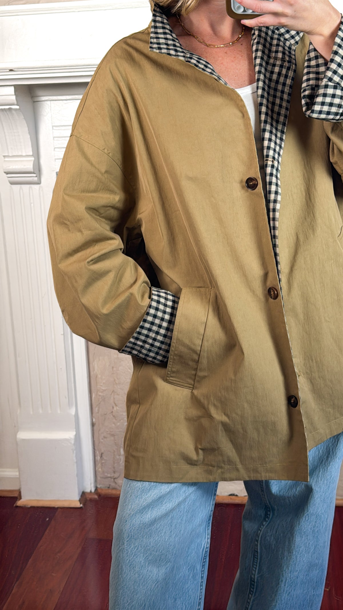 Plaid Lined Stand Collar Cotton Coat - Camel