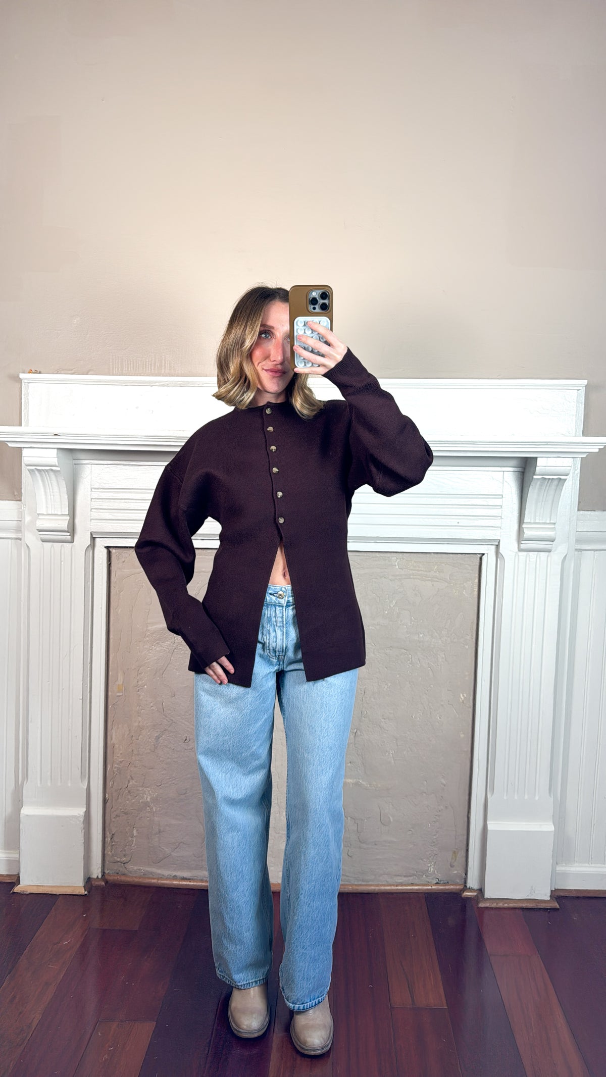 Cara Button Front Peplum Sweater - Brown