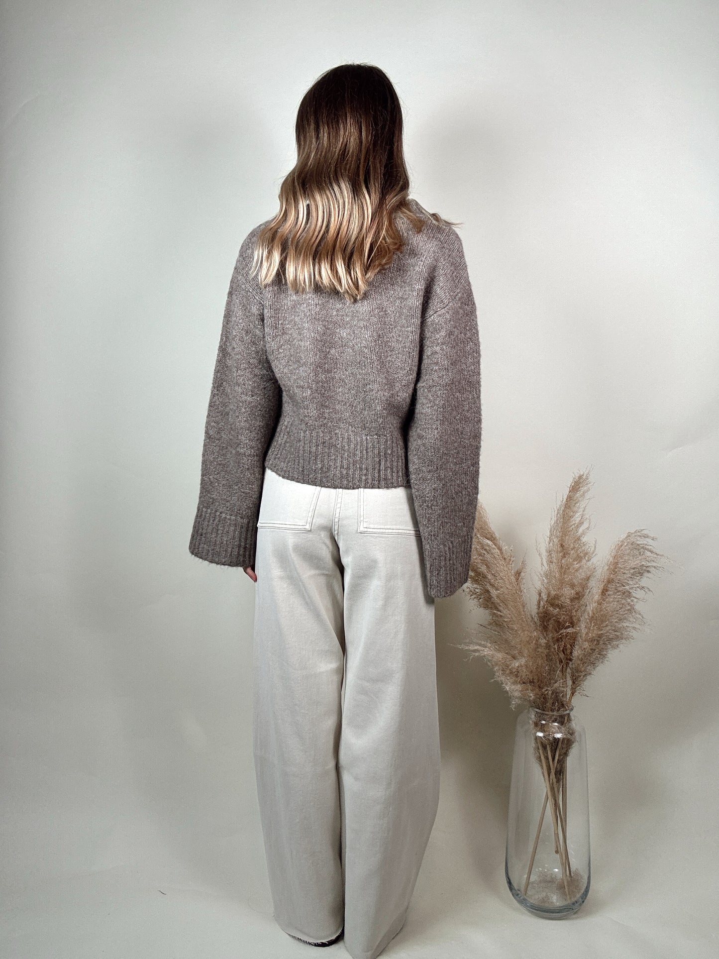 Washed Beige Wide Leg Denim Pants