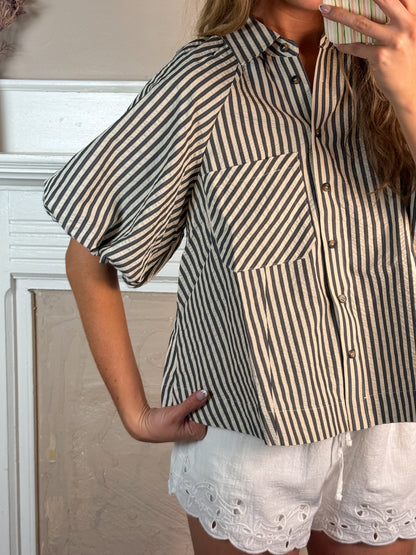 Striped Bubble Sleeve Button Down Top