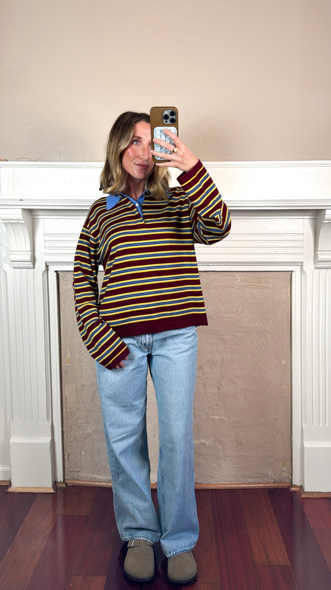Lena Stripe Collared Knit Top - Burgundy/Blue