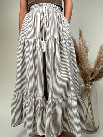 Stripe Tiered Midi Skirt - Beige