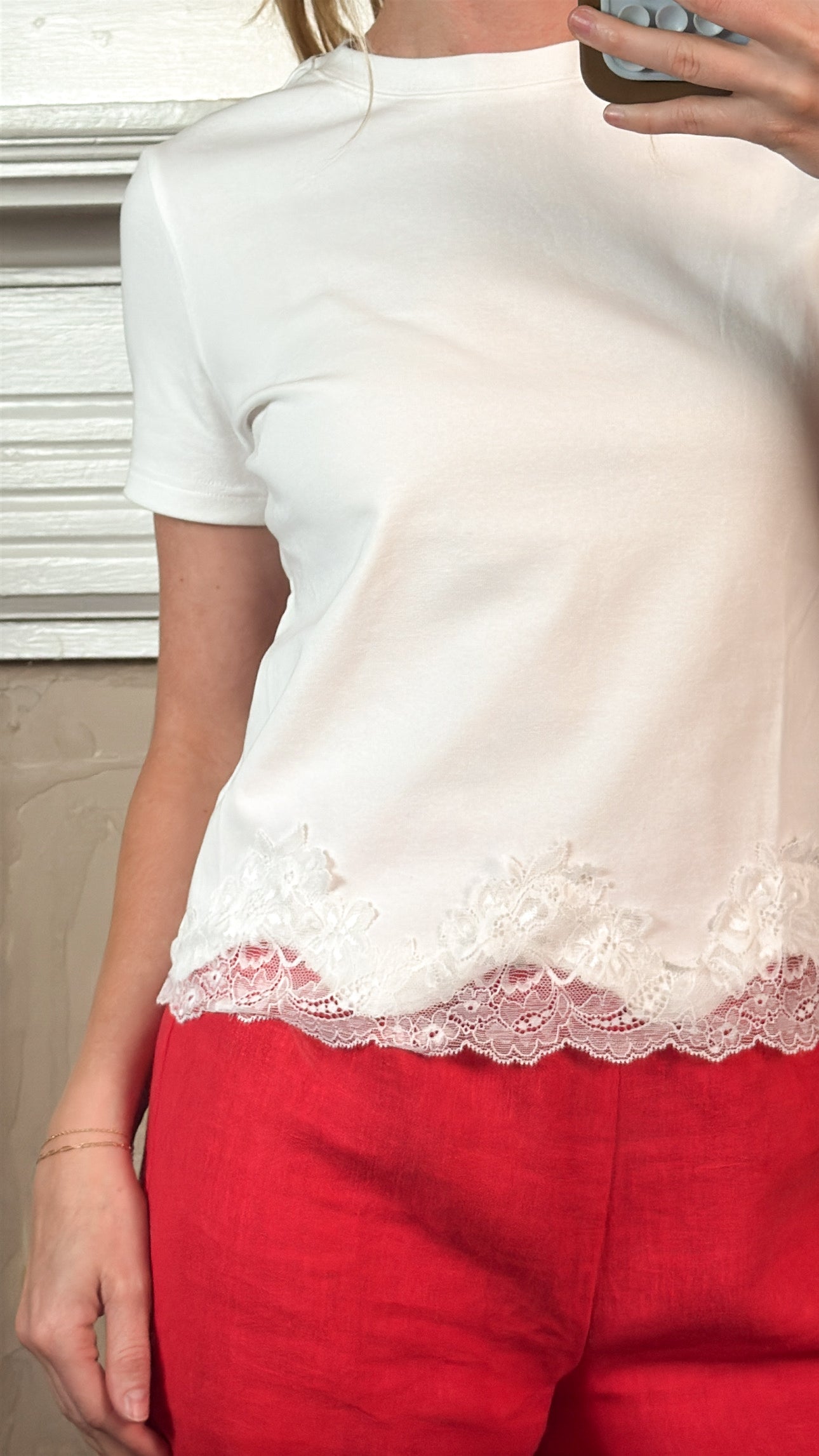 Lace Trim Short Sleeve Tee - White