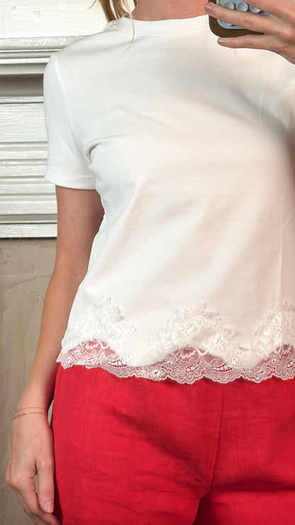 Lace Trim Short Sleeve Tee - White