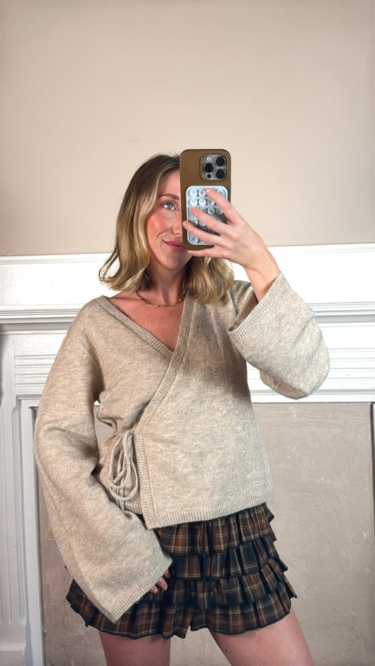 Self-Tie Waist Flared Sleeve Knit Blouse