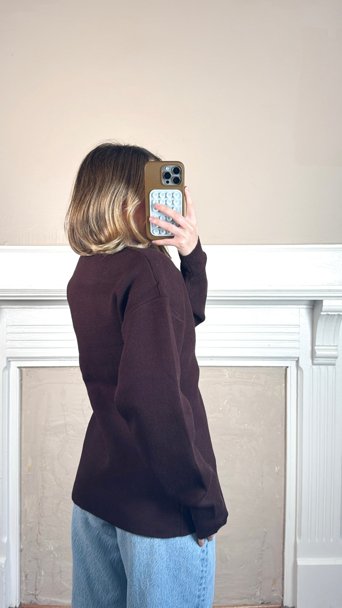 Cara Button Front Peplum Sweater - Brown