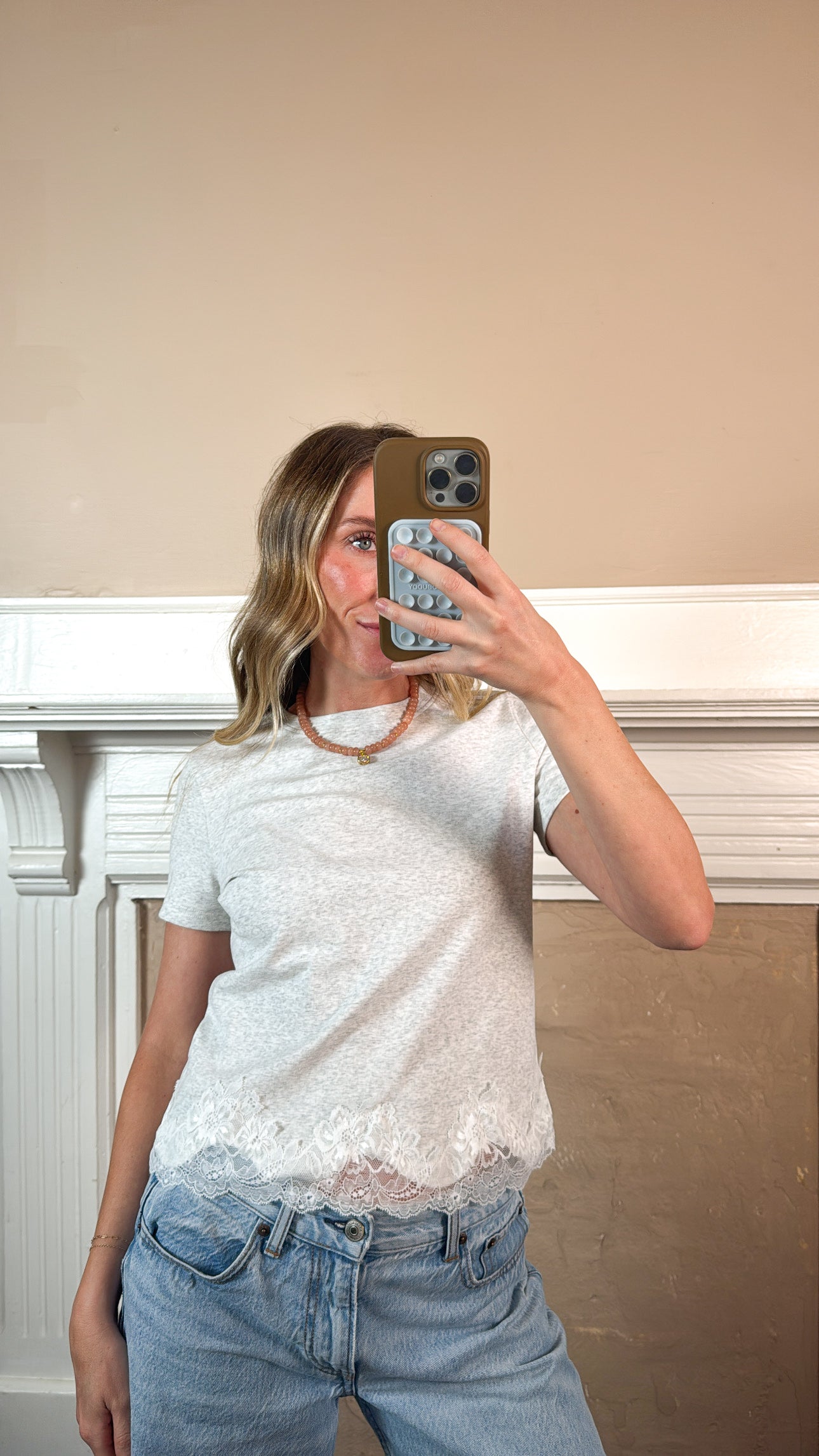 Lace Trim Short Sleeve Tee - Heather Grey