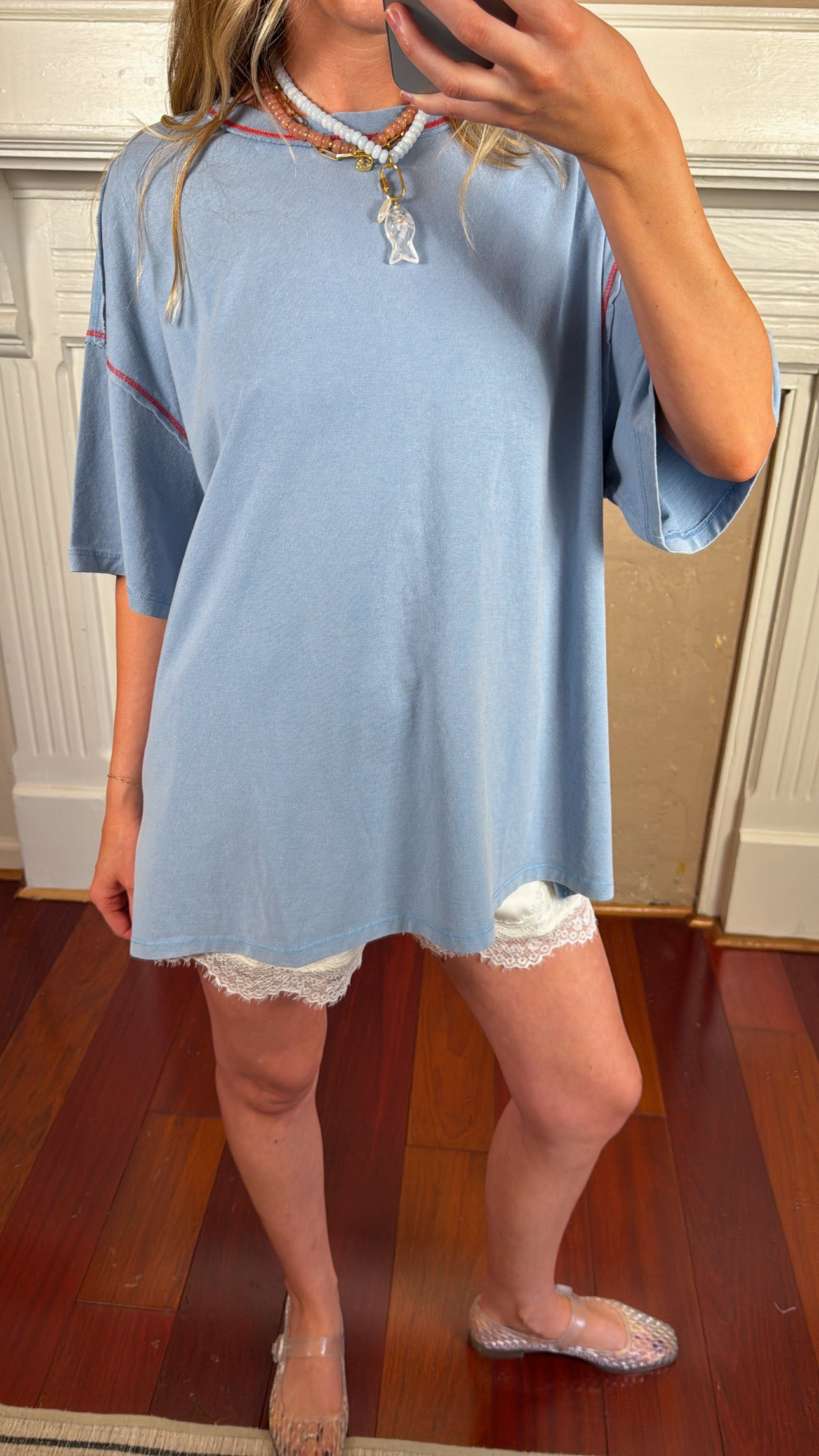 Contrast Stitch Mineral Washed Tee - Blue