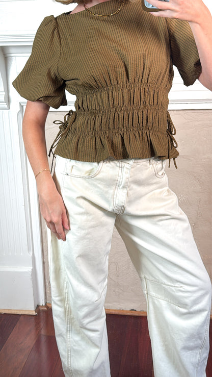 Stripe Puff Sleeve Smocked Top