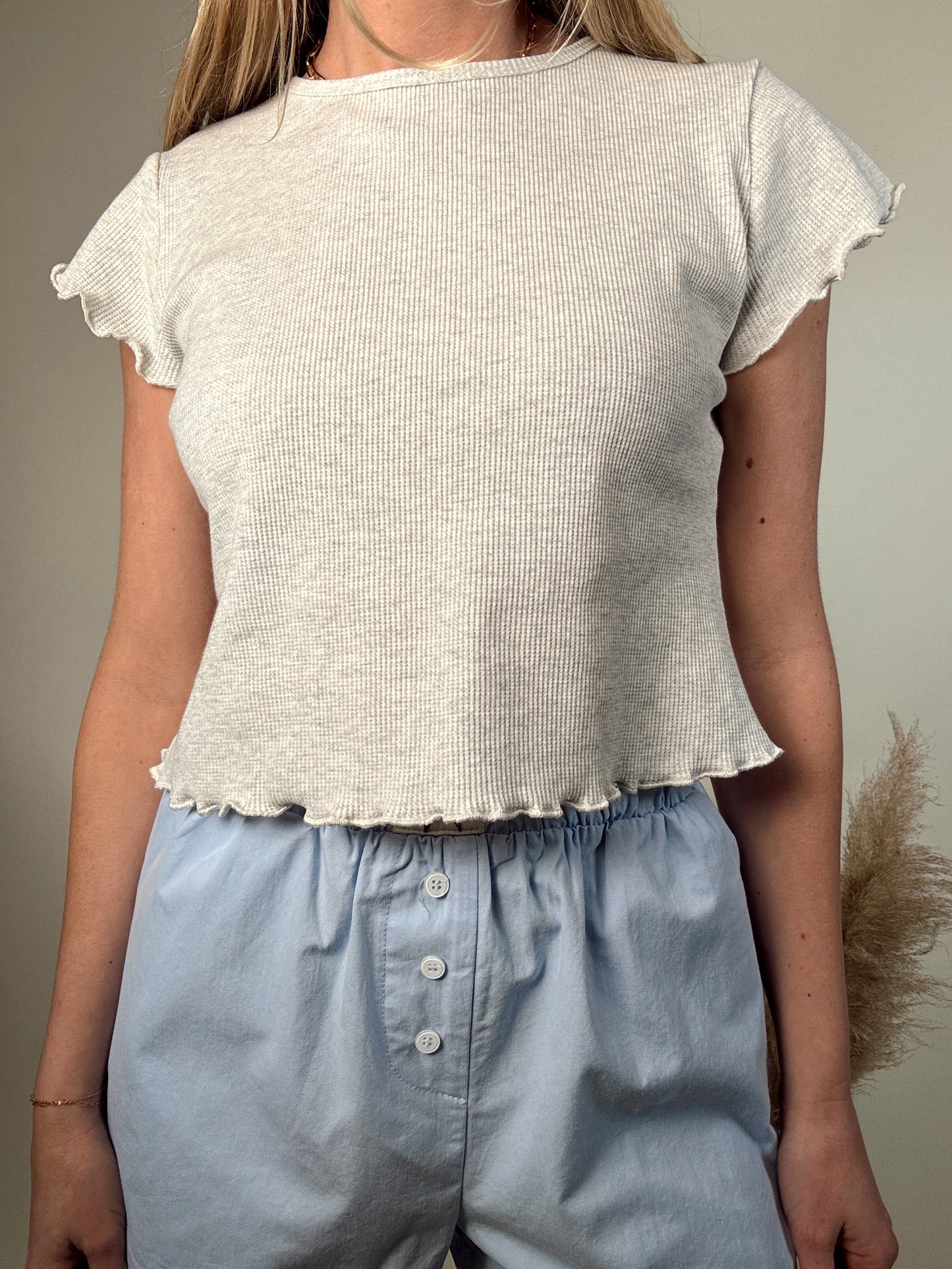 Mini Waffle Short Sleeve Top - Light Grey