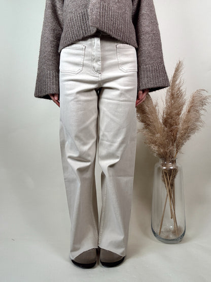 Washed Beige Wide Leg Denim Pants