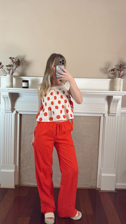 Broderie Drawstring Pants - Red