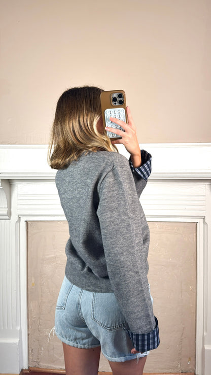 Plaid Trim Layered Button Cardigan Sweater