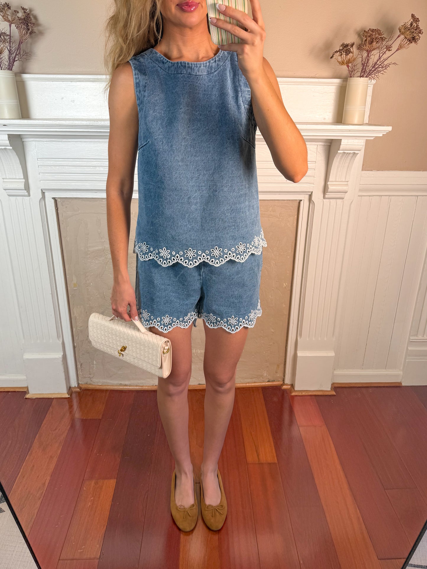 Embroidered Denim Top and Shorts Set