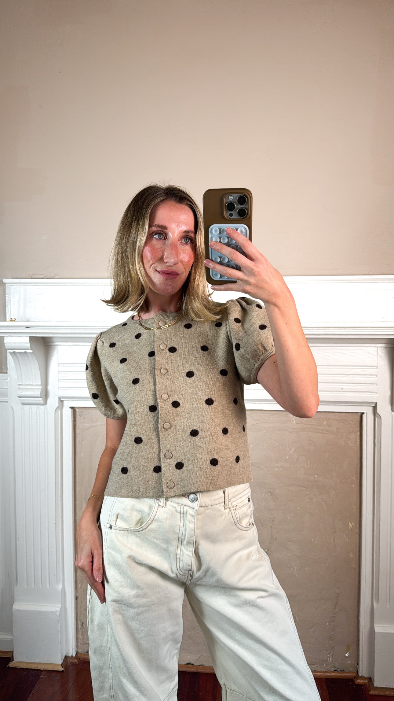 Polka Dot Puff Sleeve Knit Top