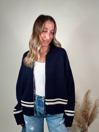Varsity Zip-Up Knit Jacket - No.8 Navy Blue