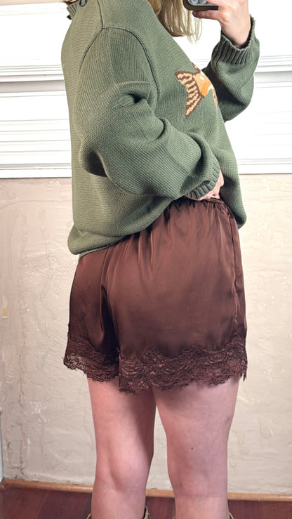 Satin Lace Shorts - Brown