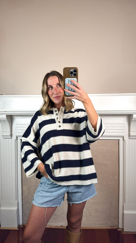 Soft Stripe Knit Polo Sweater