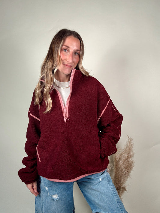Contrast Sherpa Jacket - Burgundy