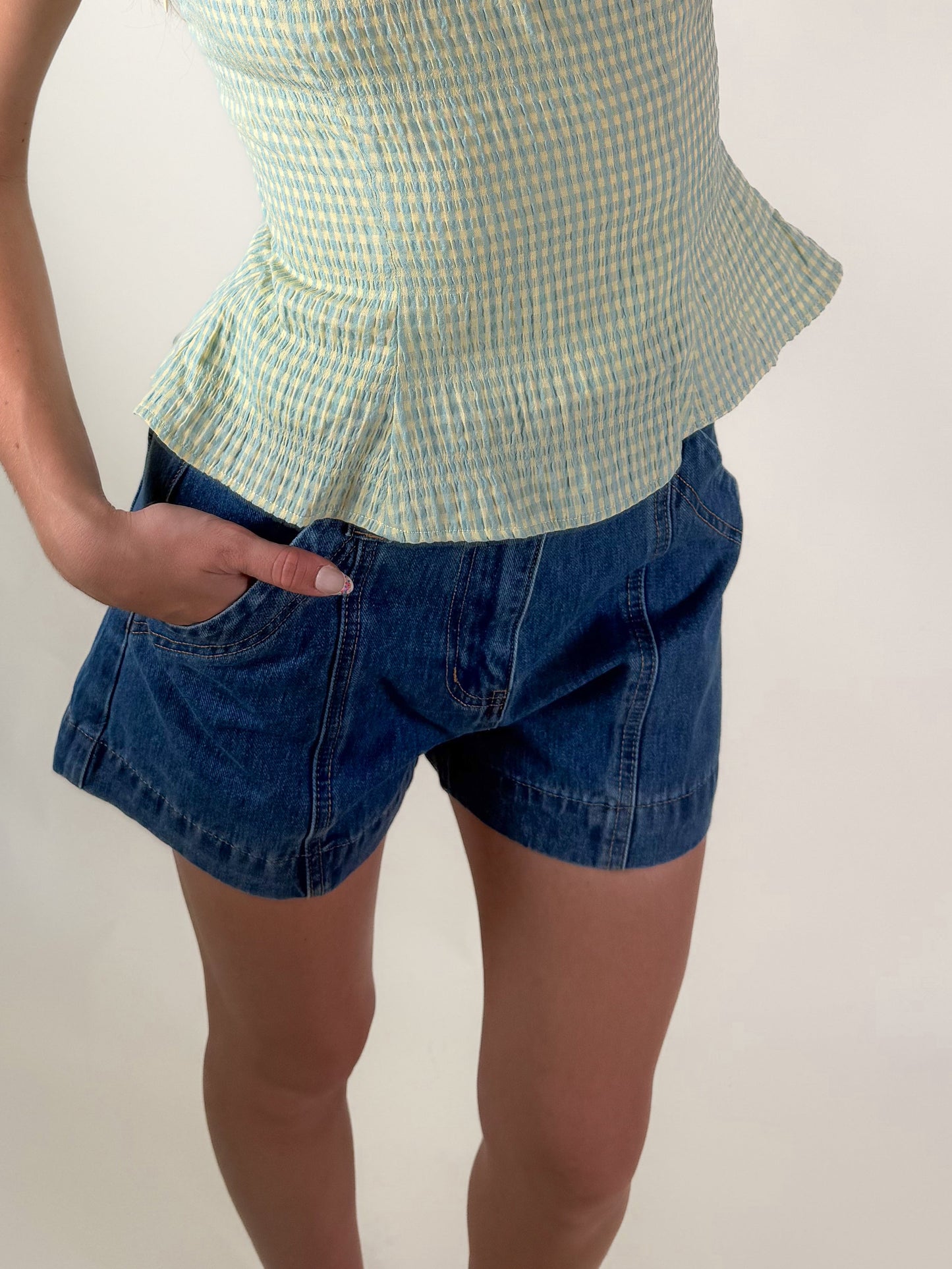 Mid Rise Flare Denim Shorts