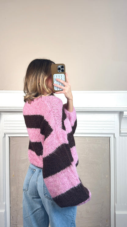 Puff Sleeve Striped Fuzzy Sweater Top - Pink